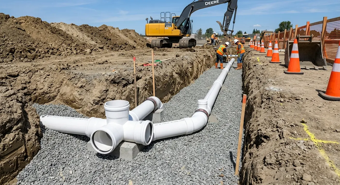 New PVC sewer pipe installation in open trench for Sewer Backup in Kronenwetter