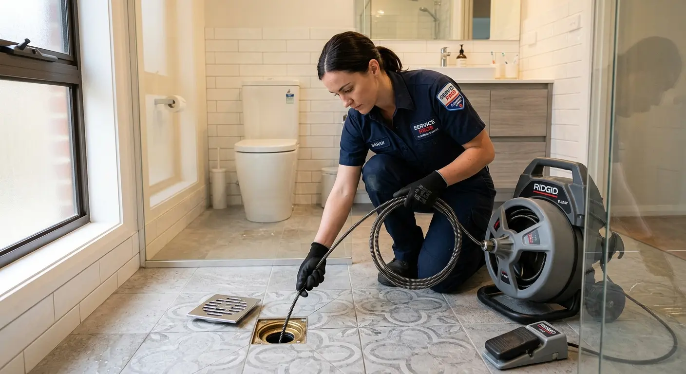 Technician clearing a bathroom floor drain for Drain Cleaning in Kronenwetter